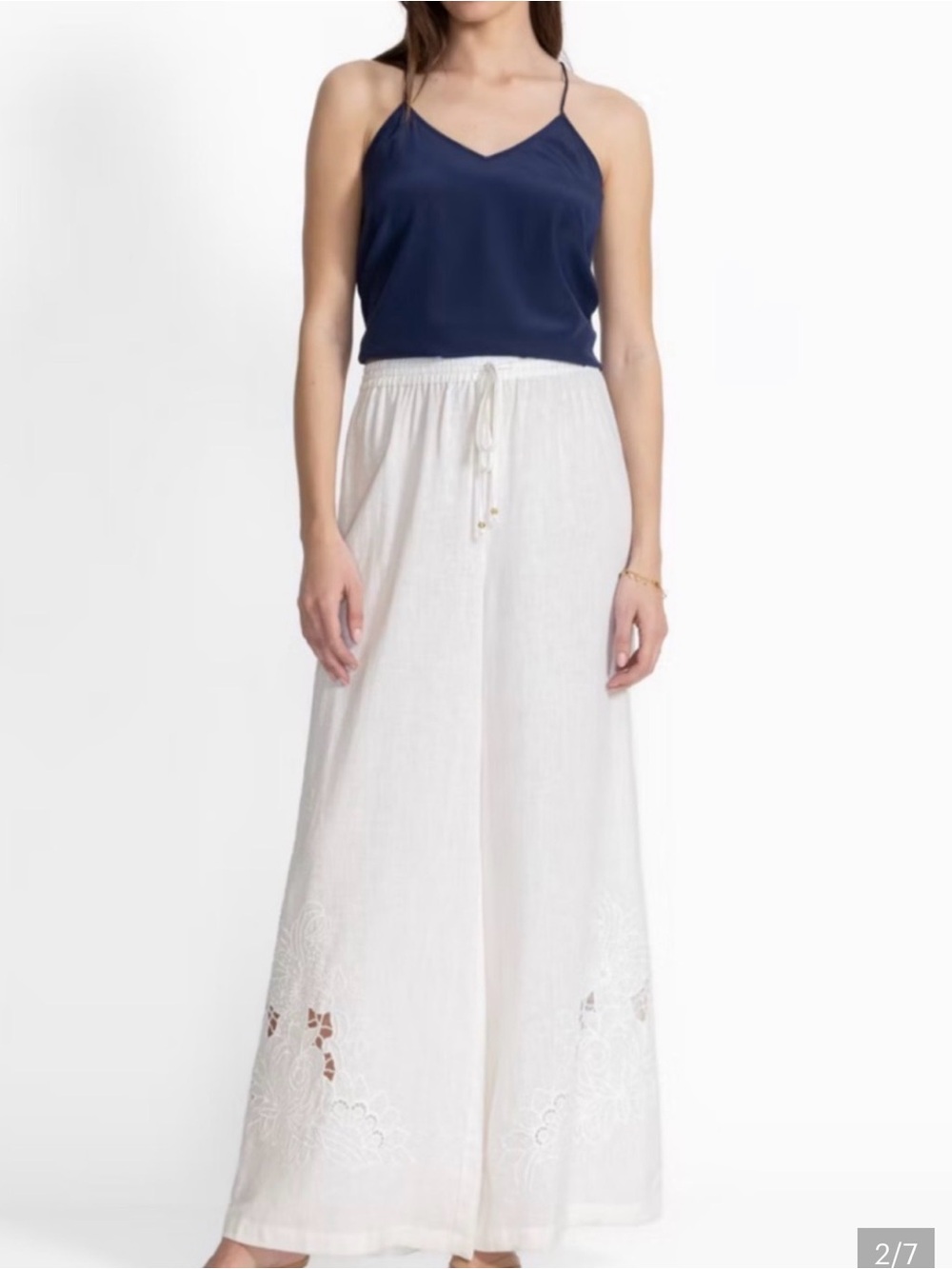 NWT Johnny Was White Wide-Leg Embroidered Drawstring Pants size L